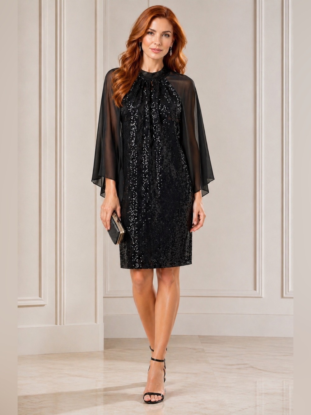 NWT NW Nightway Black Sequin Halter Style Dress With Shear Cape Overlay Size 4